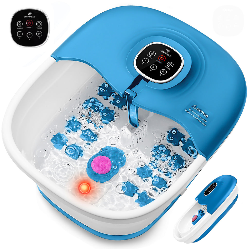 SPA4PIEDS Collapsible Foot Spa with Heat for Home Use, 16 Massage Rollers, Bubbles, Pumice Stone, Foot Skin Care, Remote Control, Blue