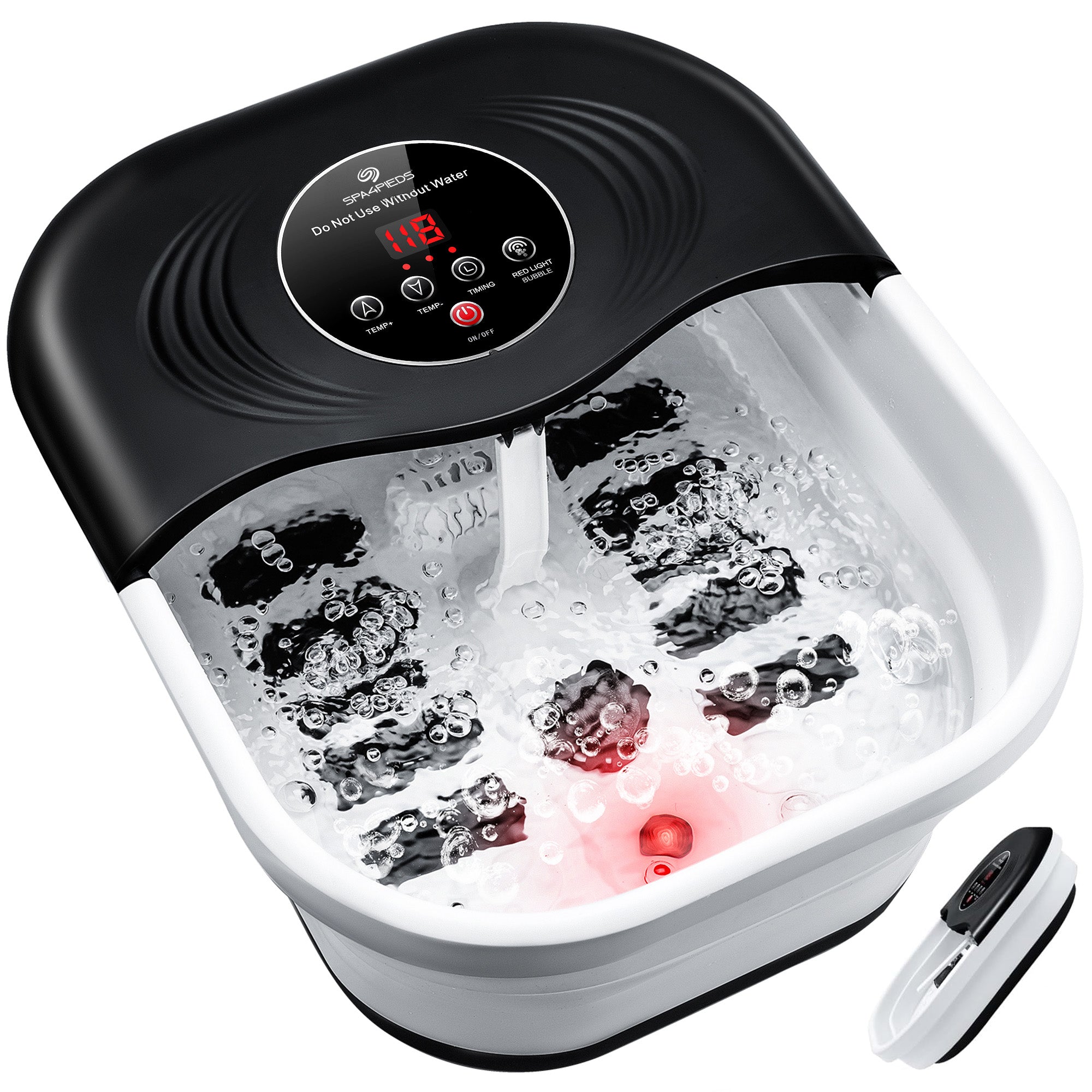SPA4PIEDS Collapsible Foot Spa with Heat and Massage Rollers, Bubble, Red Light & Temperature Control, Foot Care Soaker Tub for Home Use, Black