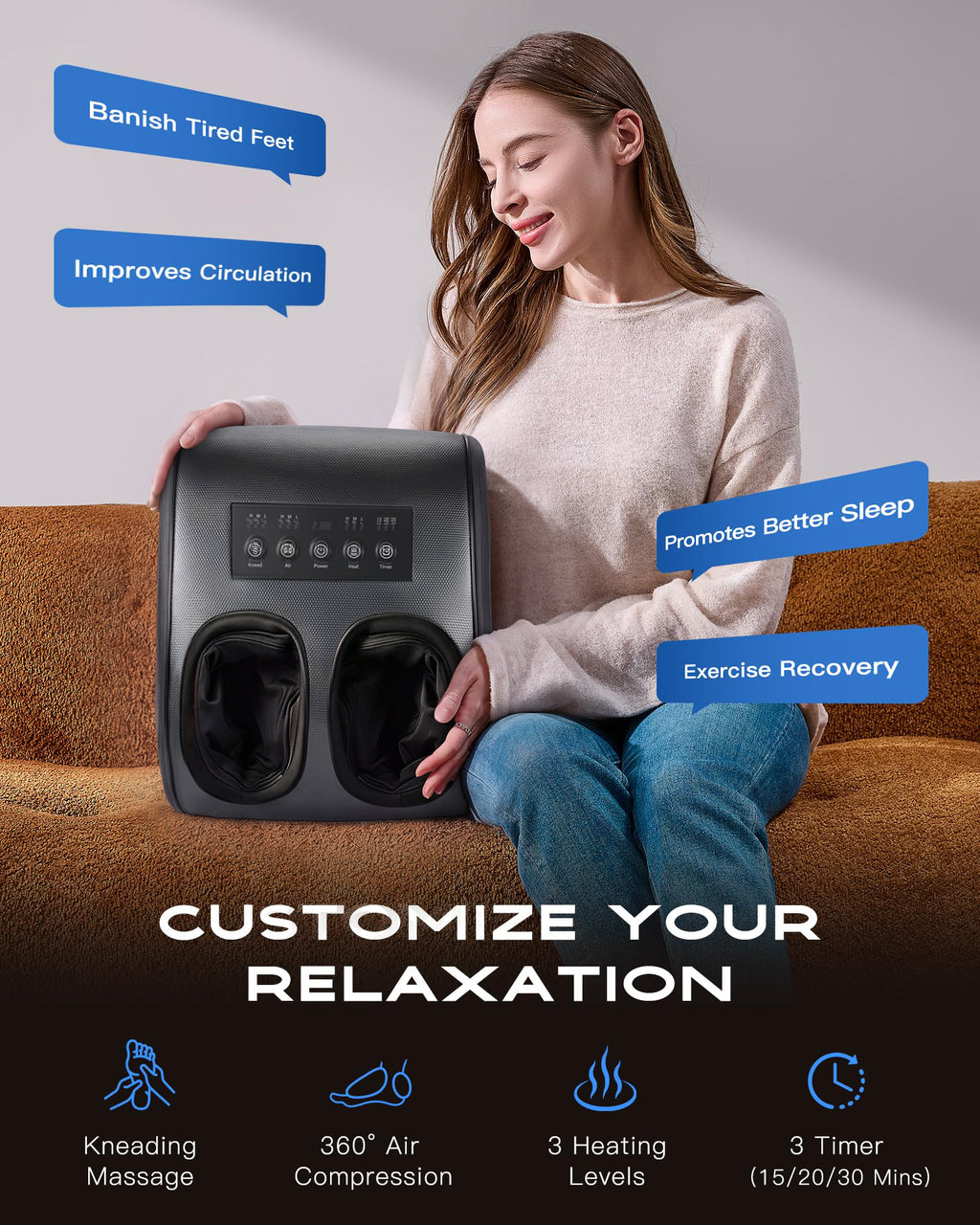 SPA4PIEDS Foot Massager with Heat, 3 Kneading Air Compression Intensities, 3 Heating Levels & Timer for Neuropathy, Circulation
