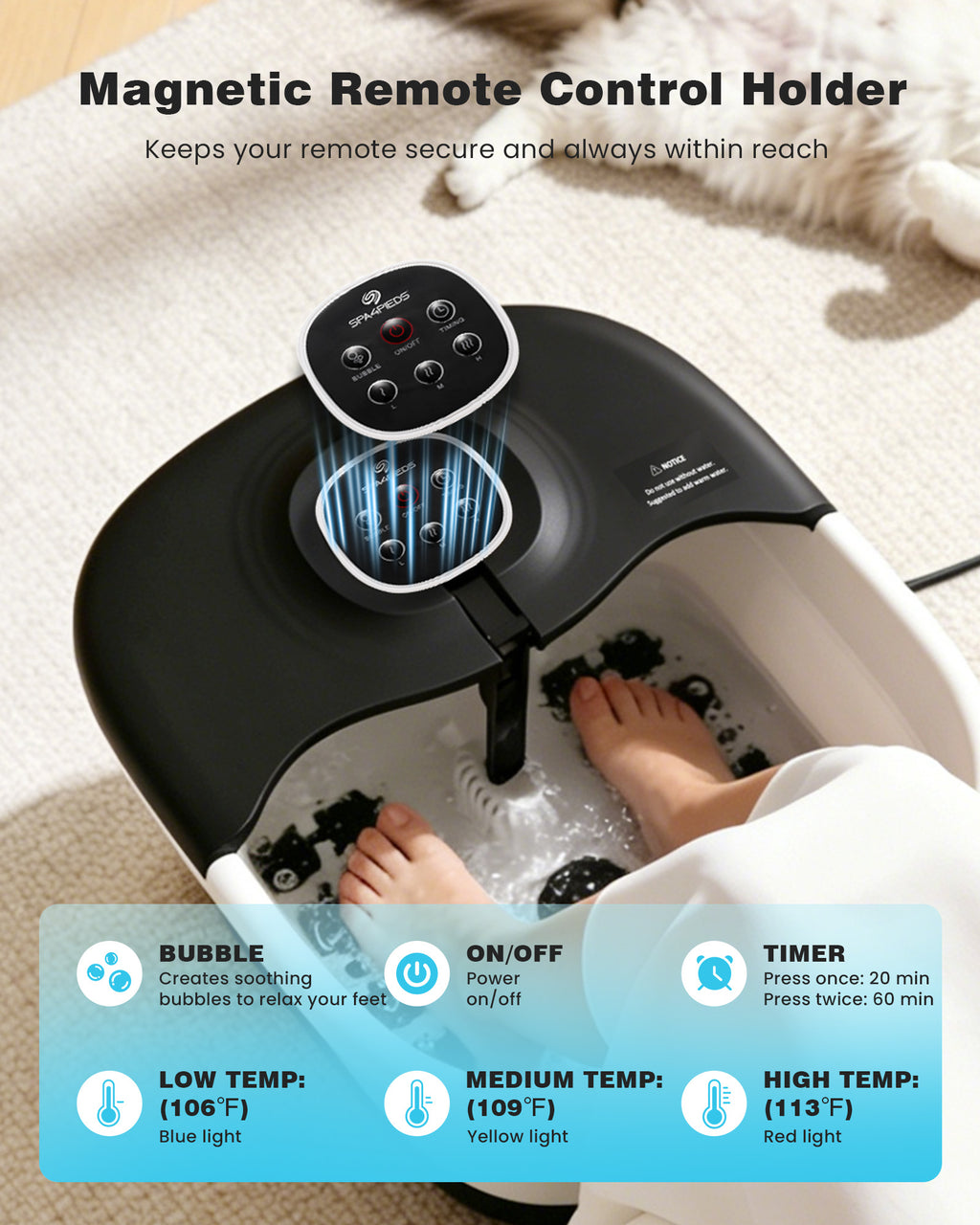 SPA4PIEDS Electric Collapsible Foot Spa with Heat, Remote Control, 16 Massage Rollers, Bubble, Temperature Adjustment, Foot Care for Home Use, Black