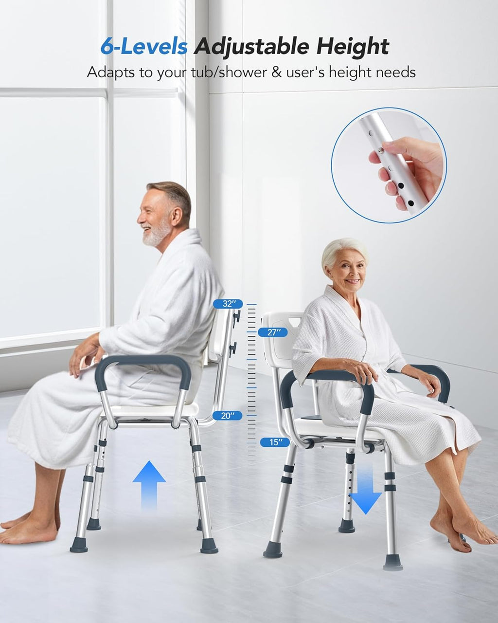 SPA4PIEDS 4-in-1 Shower Chair for Inside Shower, Anti-Scald Padded Arms, Enhance Non-Slip Feet, 6-Height Adjustable Tub Seats, Tool-Free Assembly