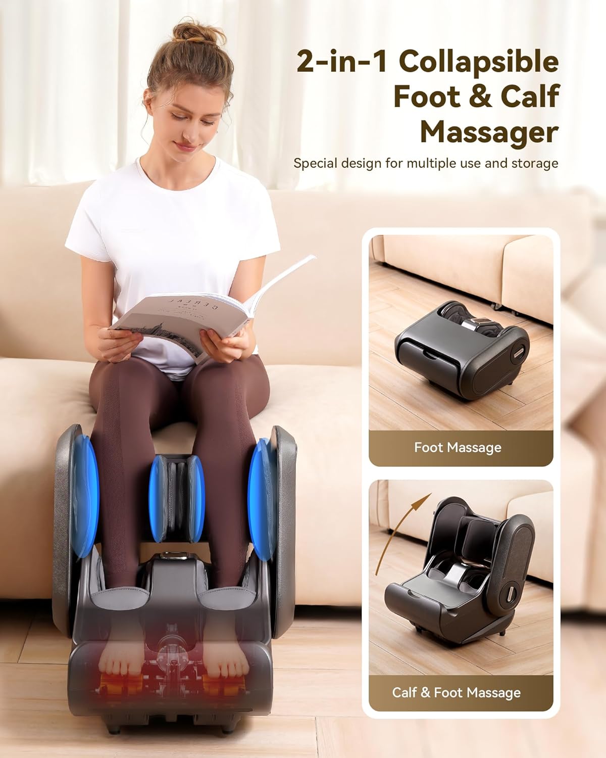 2 in 1 Shiatsu Foot Massager Machine Foot and Calf Massager with Adjustable Heat, Relaxation Gifts for Women Men, Fits up to Size 14