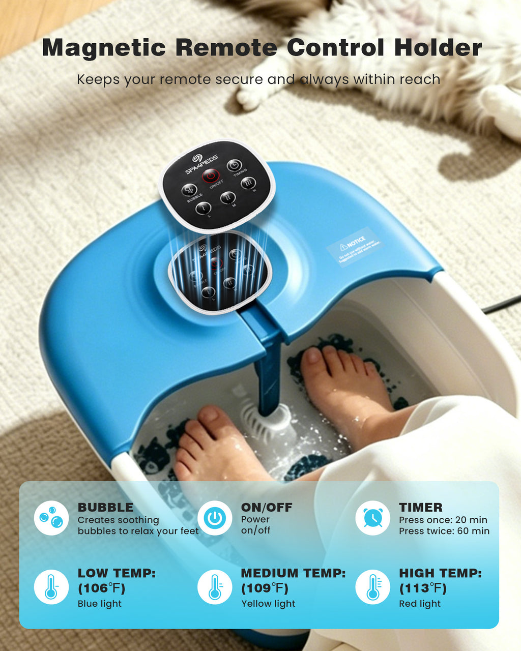 SPA4PIEDS Collapsible Foot Spa with Heat for Home Use, 16 Massage Rollers, Bubbles, Pumice Stone, Foot Skin Care, Remote Control, Blue