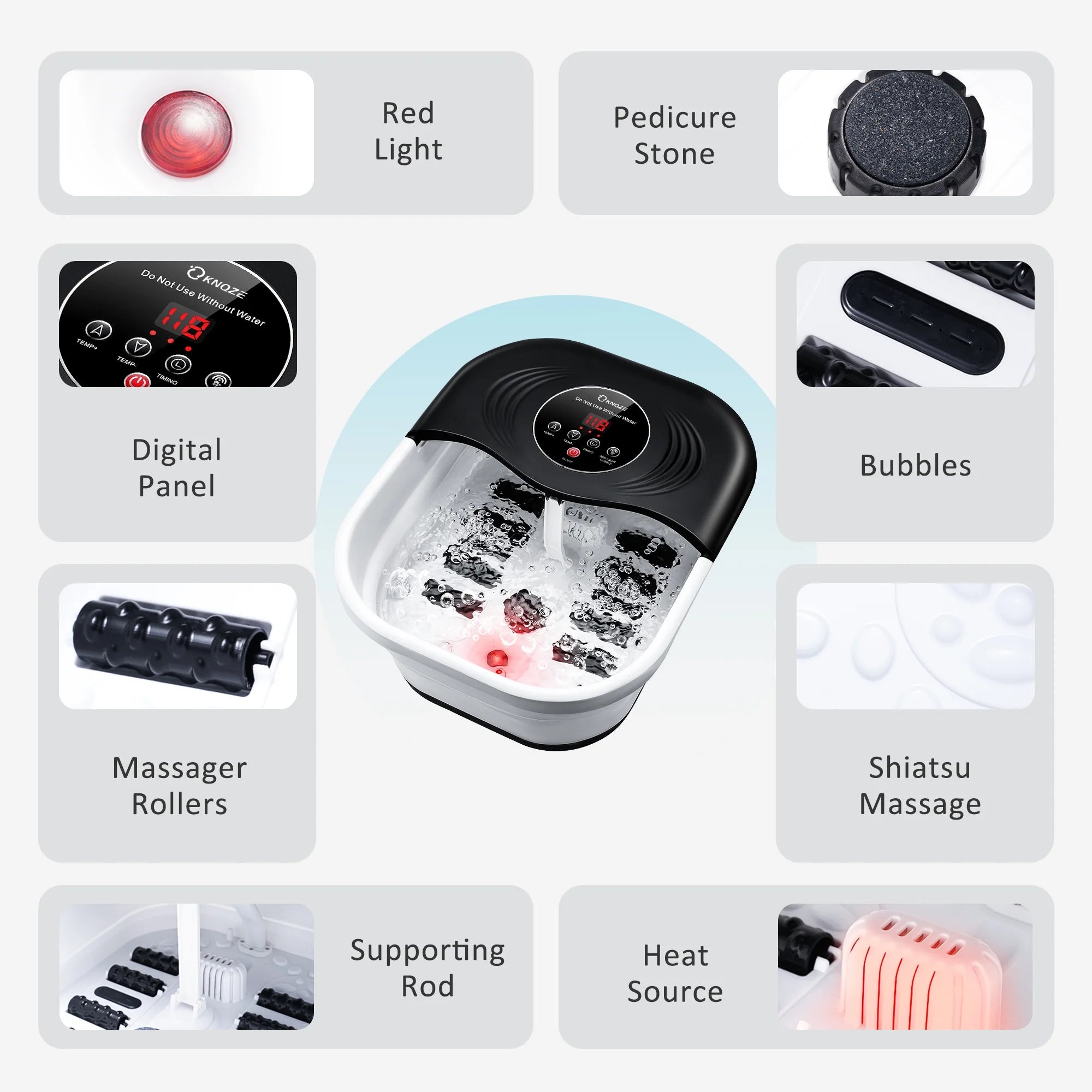 SPA4PIEDS Collapsible Foot Spa with Heat and Massage Rollers, Bubble, Red Light & Temperature Control, Foot Care Soaker Tub for Home Use, Black