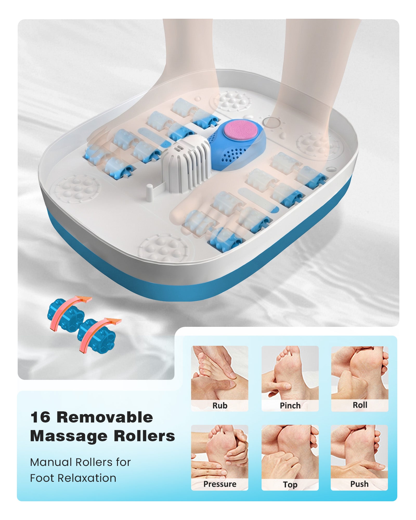 SPA4PIEDS Collapsible Foot Spa with Heat for Home Use, 16 Massage Rollers, Bubbles, Pumice Stone, Foot Skin Care, Remote Control, Blue