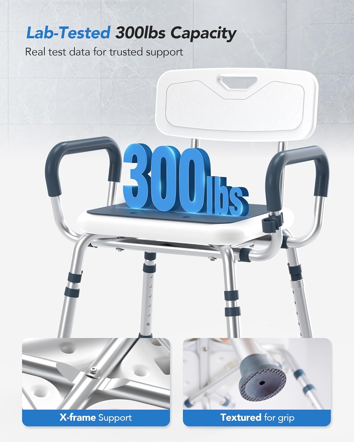 SPA4PIEDS 4-in-1 Shower Chair for Inside Shower, Anti-Scald Padded Arms, Enhance Non-Slip Feet, 6-Height Adjustable Tub Seats, Tool-Free Assembly