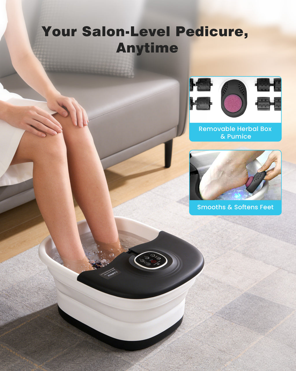 SPA4PIEDS Electric Collapsible Foot Spa with Heat, Remote Control, 16 Massage Rollers, Bubble, Temperature Adjustment, Foot Care for Home Use, Black