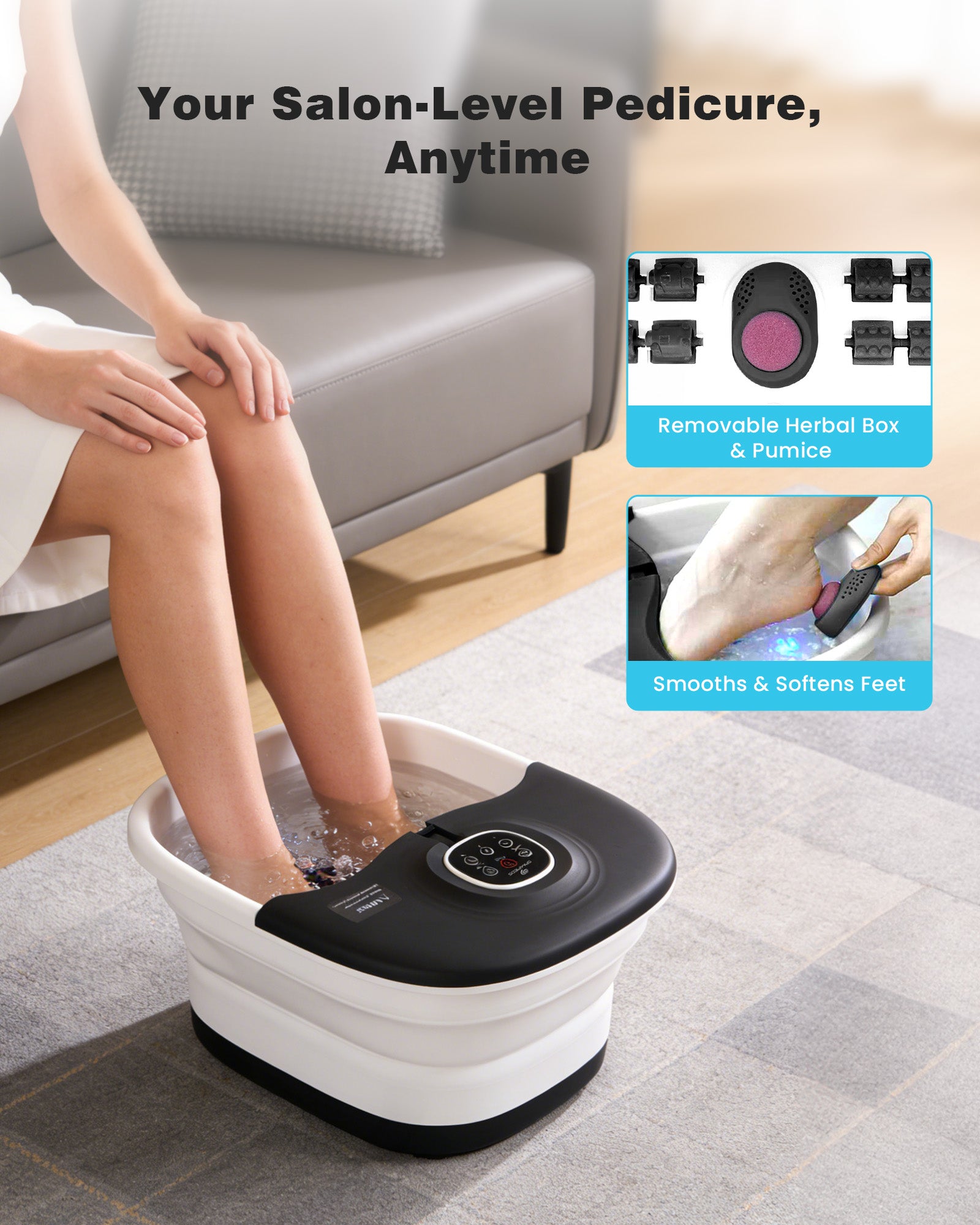 SPA4PIEDS Electric Collapsible Foot Spa with Heat, Remote Control, 16 Massage Rollers, Bubble, Temperature Adjustment, Foot Care for Home Use, Black