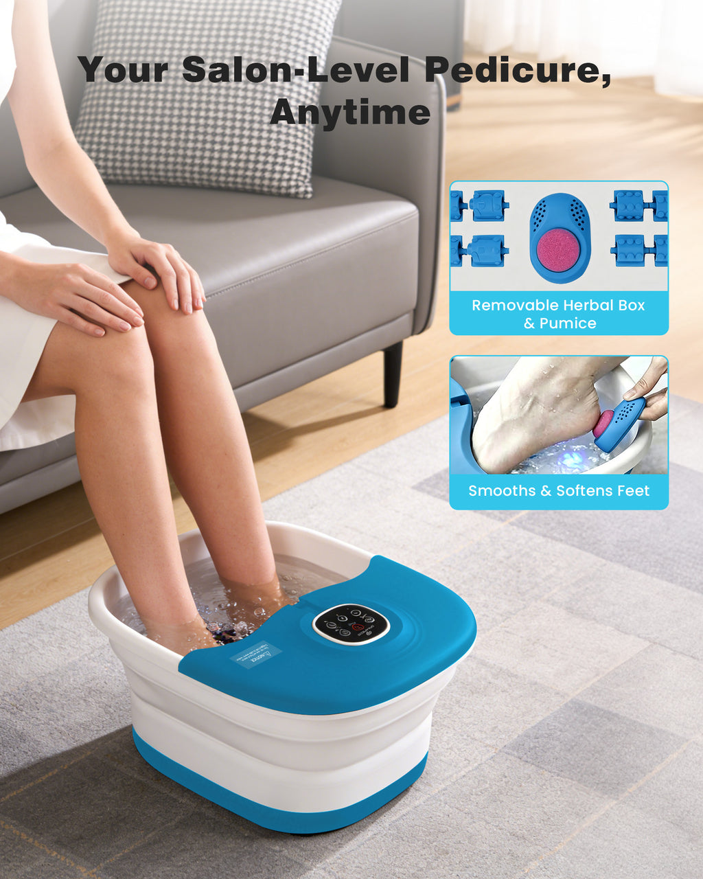 SPA4PIEDS Collapsible Foot Spa with Heat for Home Use, 16 Massage Rollers, Bubbles, Pumice Stone, Foot Skin Care, Remote Control, Blue