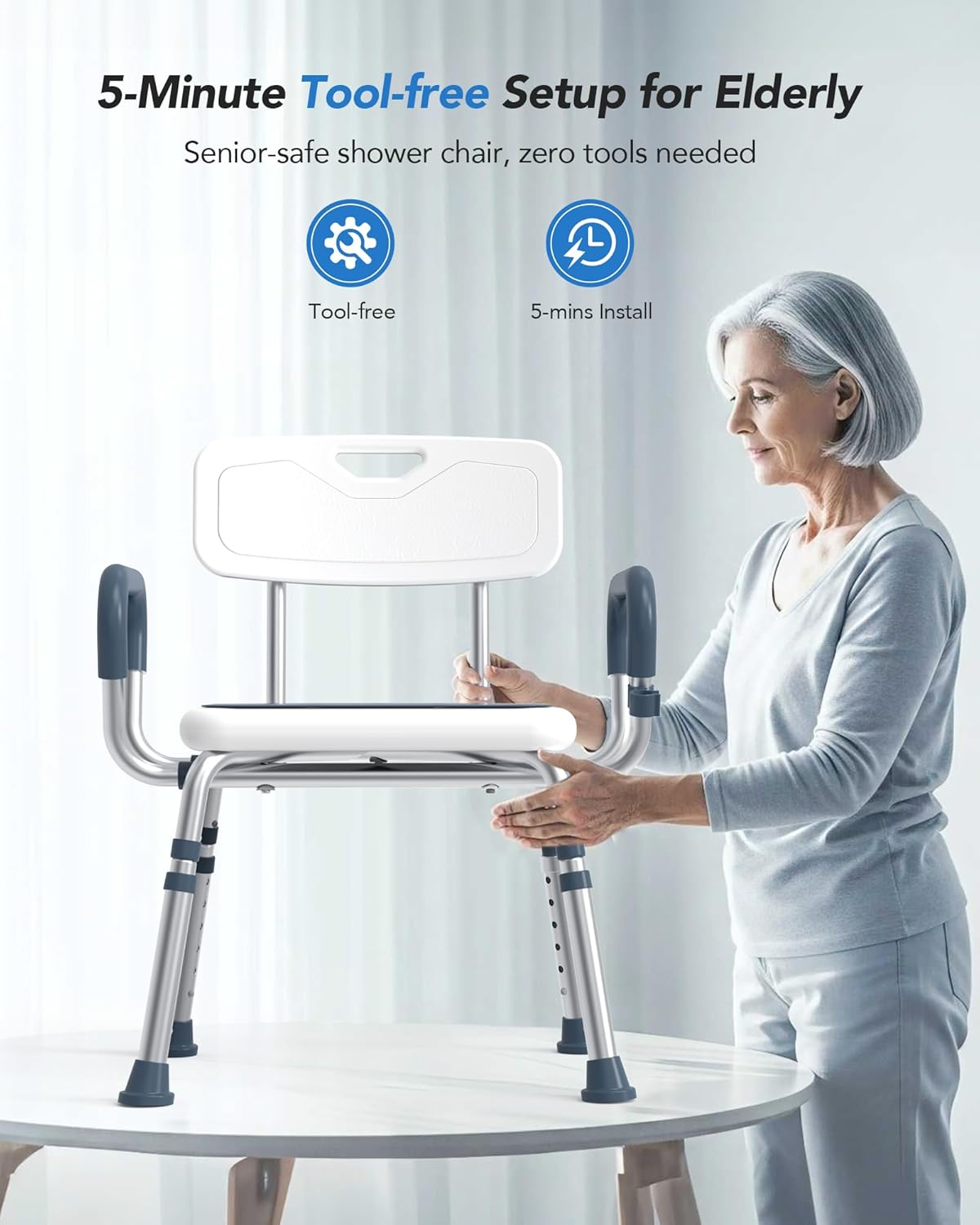 SPA4PIEDS 4-in-1 Shower Chair for Inside Shower, Anti-Scald Padded Arms, Enhance Non-Slip Feet, 6-Height Adjustable Tub Seats, Tool-Free Assembly