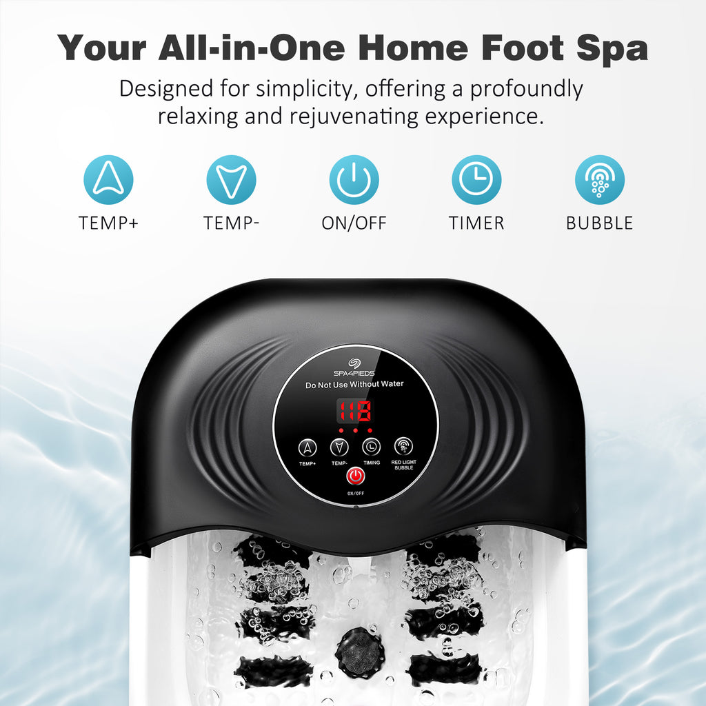 SPA4PIEDS Collapsible Foot Spa with Heat and Massage Rollers, Bubble, Red Light & Temperature Control, Foot Care Soaker Tub for Home Use, Black