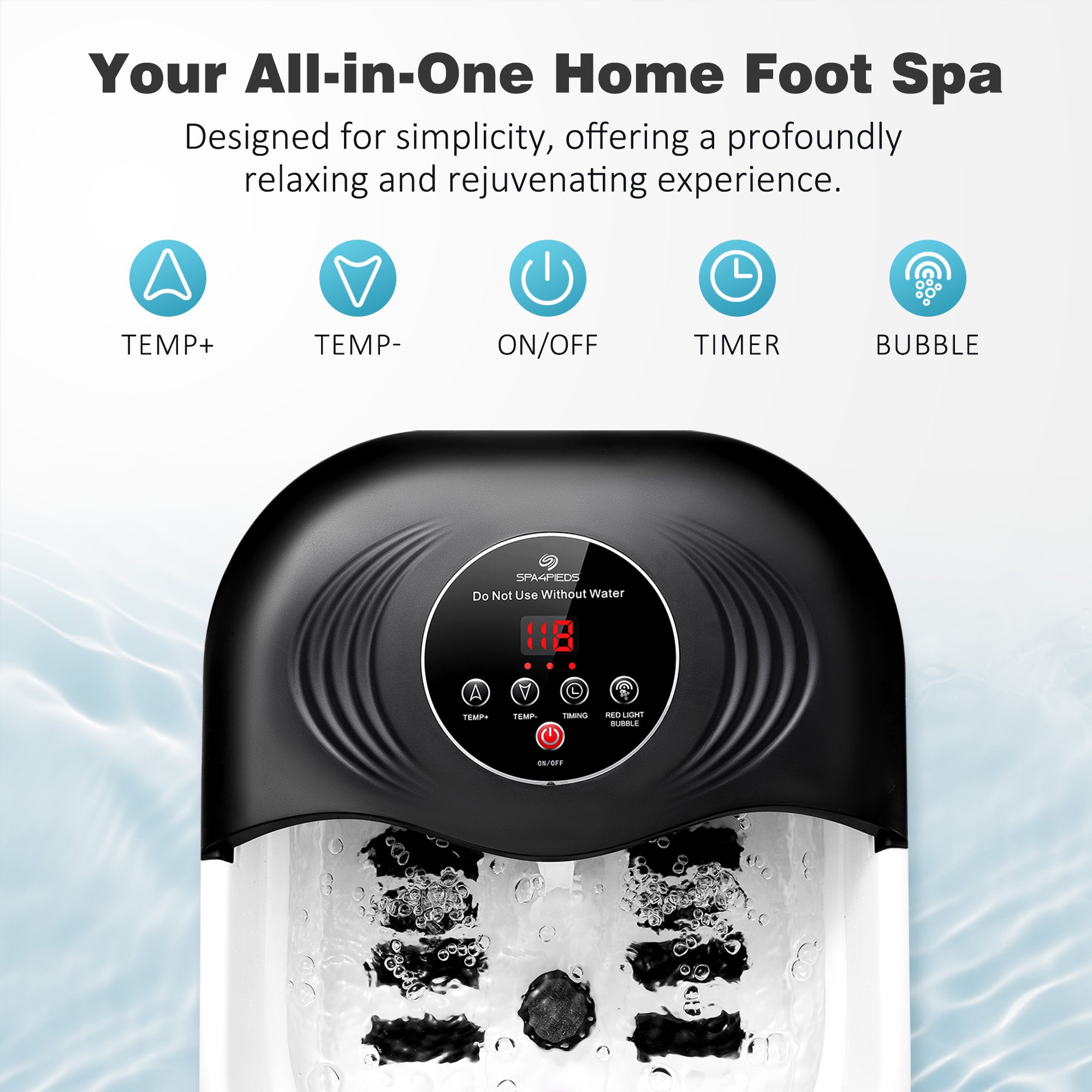 SPA4PIEDS Collapsible Foot Spa with Heat and Massage Rollers, Bubble, Red Light & Temperature Control, Foot Care Soaker Tub for Home Use, Black