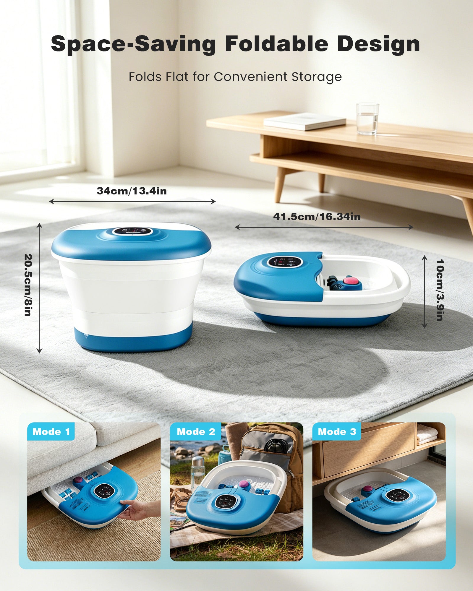 SPA4PIEDS Collapsible Foot Spa with Heat for Home Use, 16 Massage Rollers, Bubbles, Pumice Stone, Foot Skin Care, Remote Control, Blue