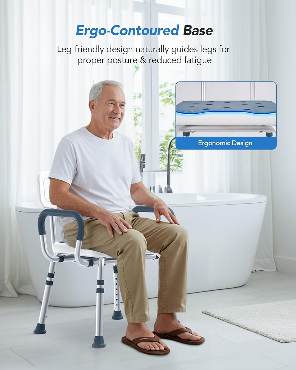 SPA4PIEDS 4-in-1 Shower Chair for Inside Shower, Anti-Scald Padded Arms, Enhance Non-Slip Feet, 6-Height Adjustable Tub Seats, Tool-Free Assembly