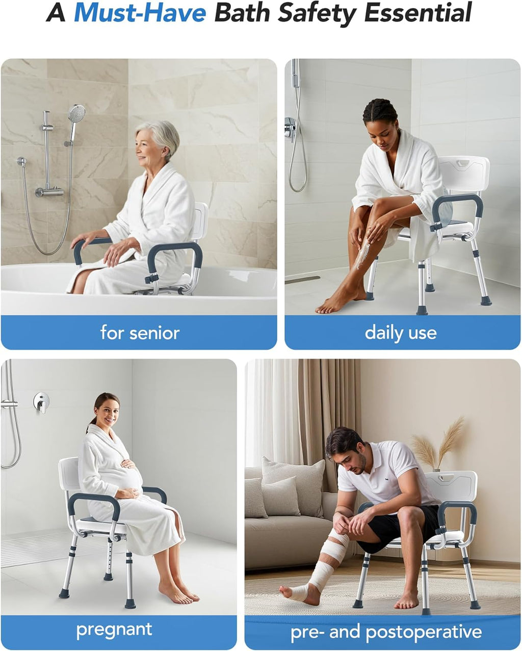 SPA4PIEDS 4-in-1 Shower Chair for Inside Shower, Anti-Scald Padded Arms, Enhance Non-Slip Feet, 6-Height Adjustable Tub Seats, Tool-Free Assembly