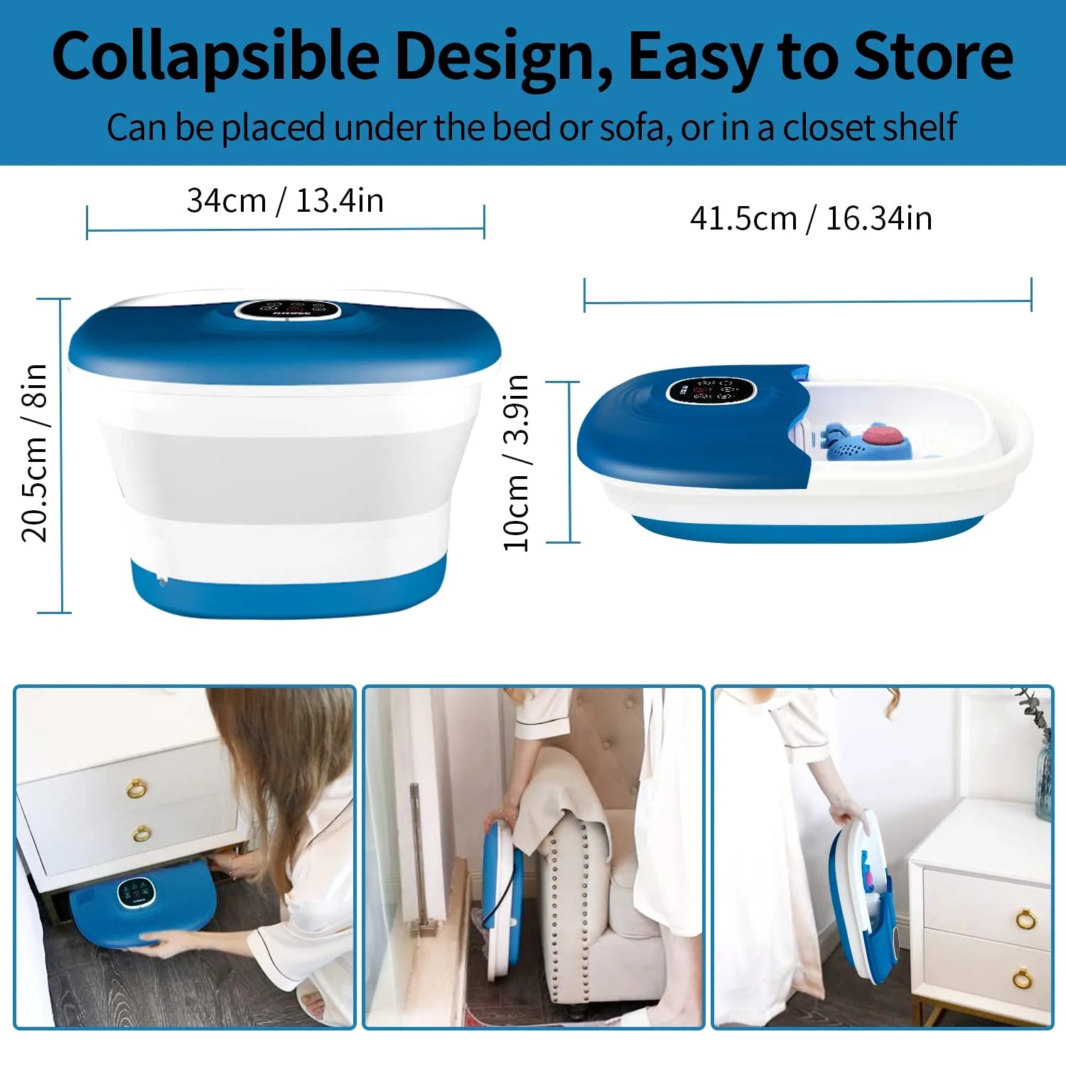 Collapsible Heated Foot Spa for Home Use, 16 Rollers, Bubbles, Pumice Stone, Foot Skin Care, Remote