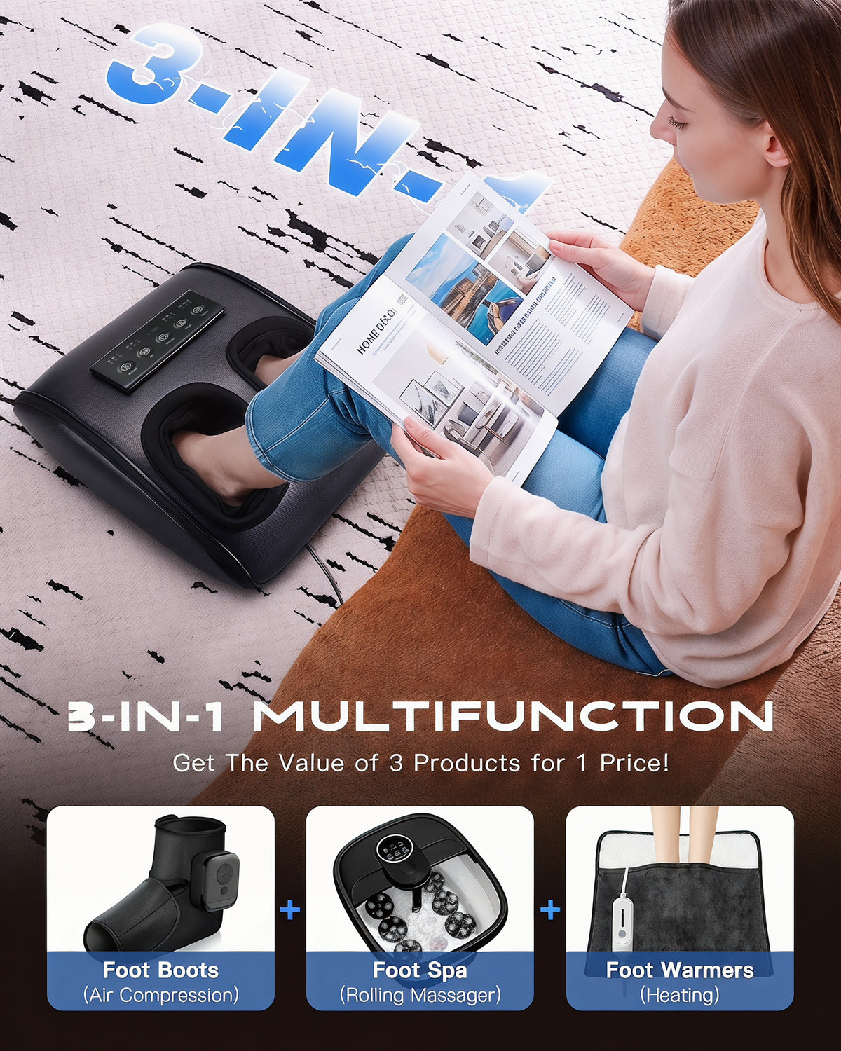 SPA4PIEDS Foot Massager with Heat, 3 Kneading Air Compression Intensities, 3 Heating Levels & Timer for Neuropathy, Circulation