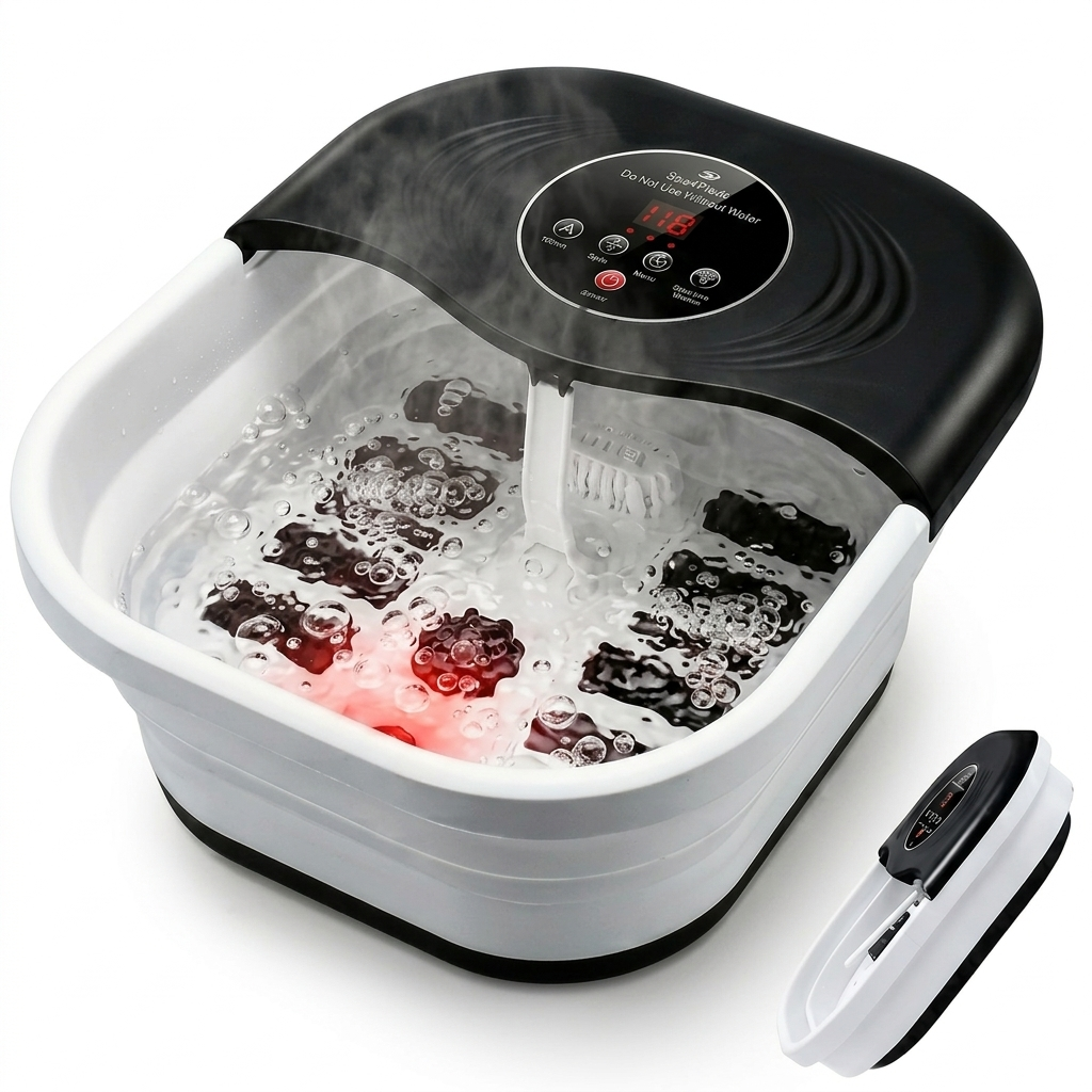 SPA4PIEDS Collapsible Foot Spa with Heat and Massage Rollers, Bubble, Red Light & Temperature Control, Foot Care Soaker Tub for Home Use, Black