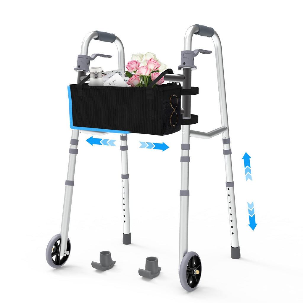 SPA4PIEDS Folding Narrow Walker for Seniors – Adjustable Width & Height, Lightweight Aluminum Adult Walker with Basket, 2 Skis, 5" Front Wheels, for Mom and Dad, Elderly & Disabled