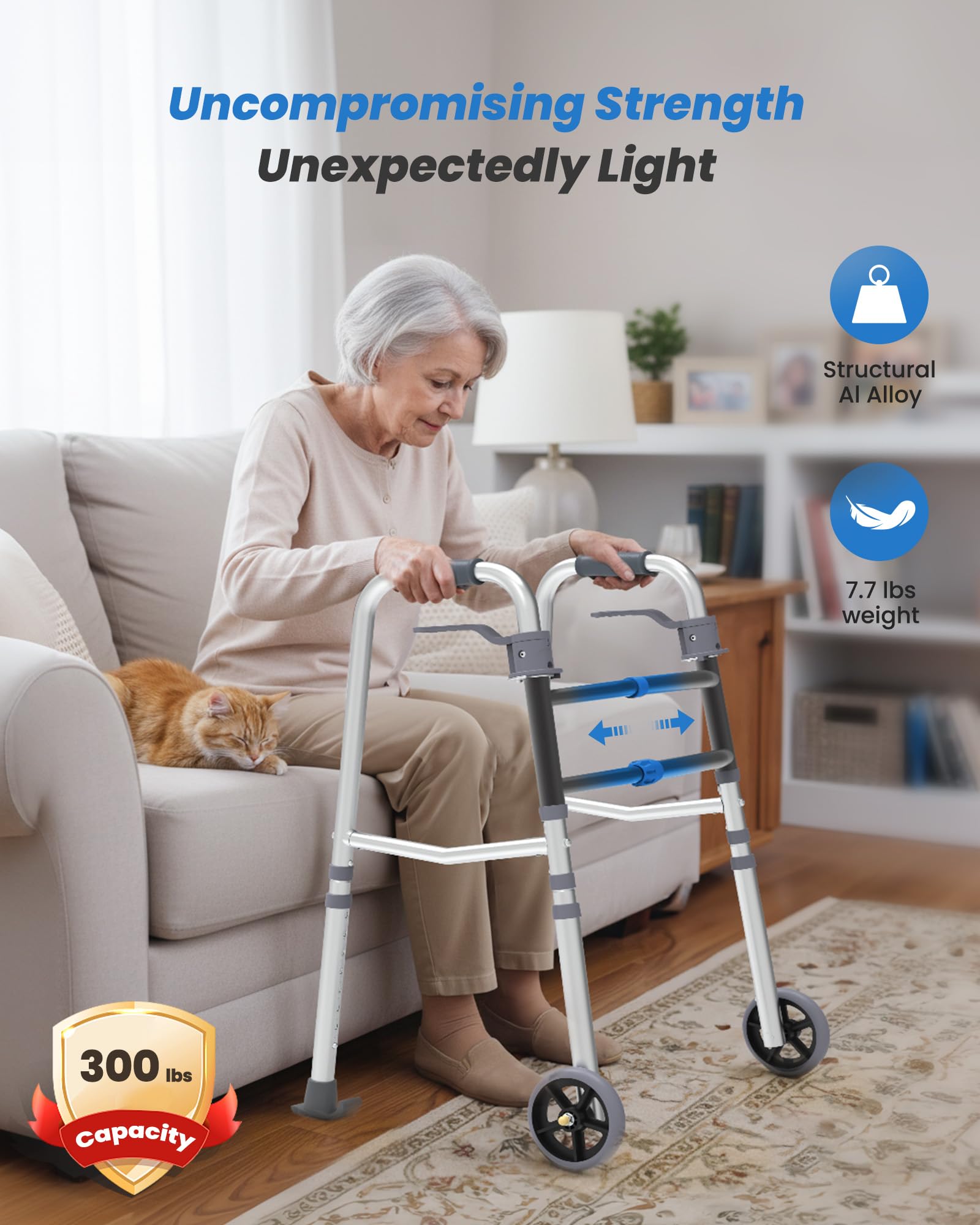 SPA4PIEDS Folding Narrow Walker for Seniors – Adjustable Width & Height, Lightweight Aluminum Adult Walker with Basket, 2 Skis, 5" Front Wheels, for Mom and Dad, Elderly & Disabled