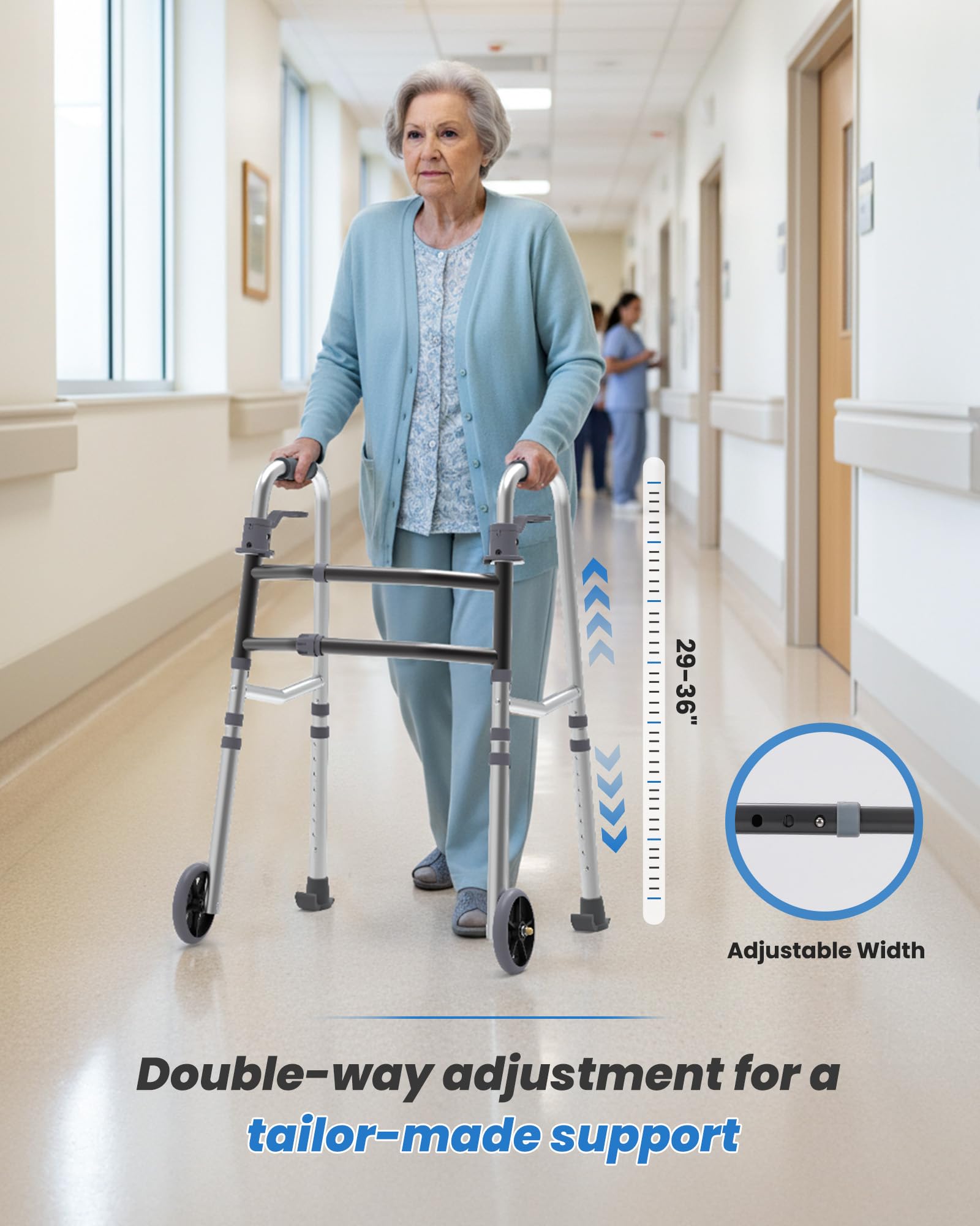 SPA4PIEDS Folding Narrow Walker for Seniors – Adjustable Width & Height, Lightweight Aluminum Adult Walker with Basket, 2 Skis, 5" Front Wheels, for Mom and Dad, Elderly & Disabled