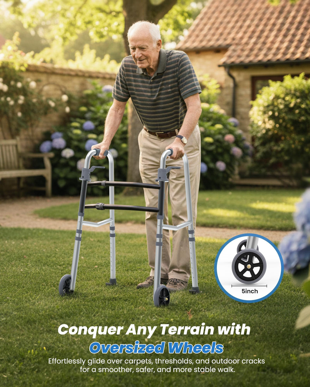 SPA4PIEDS Folding Narrow Walker for Seniors – Adjustable Width & Height, Lightweight Aluminum Adult Walker with Basket, 2 Skis, 5" Front Wheels, for Mom and Dad, Elderly & Disabled